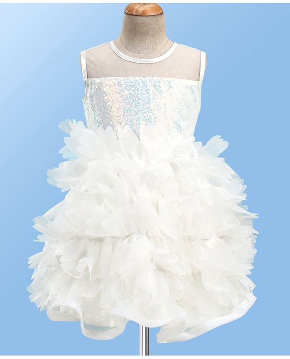 Babyhug Woven Sleeveless Fit and Flare Sequinned Yoke Frill Party Dress - Off White