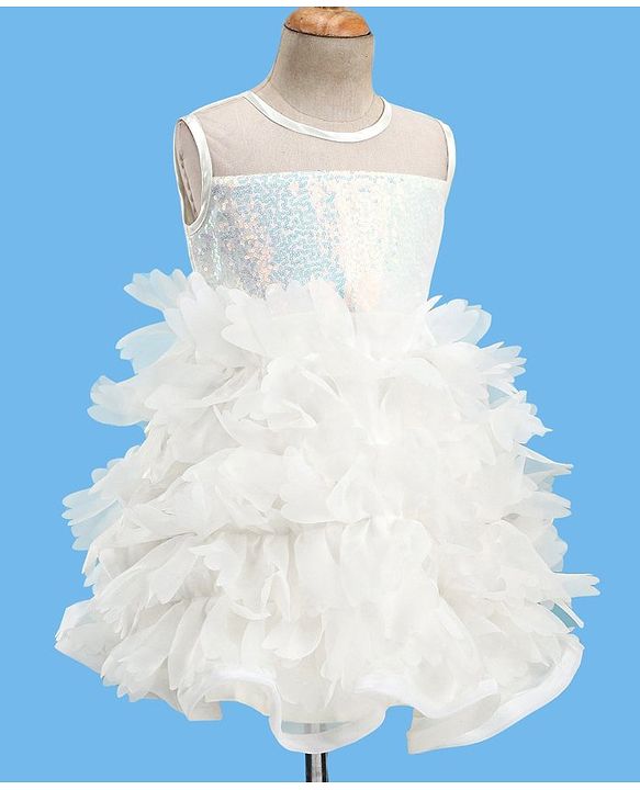 Babyhug Woven Sleeveless Fit and Flare Sequinned Yoke Frill Party Dress - Off White