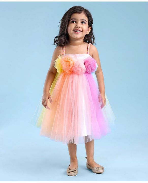 Babyhug Party Wear Sleeveless Dress With Floral Corsage -Multicolour