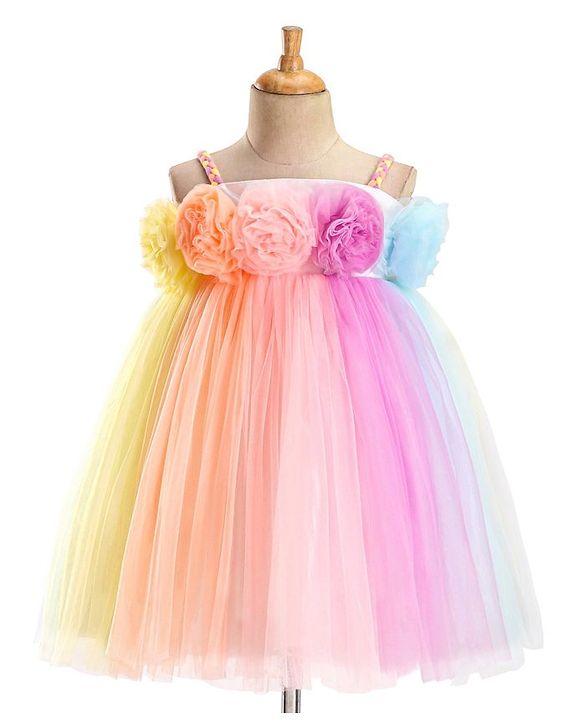 Babyhug Party Wear Sleeveless Dress With Floral Corsage -Multicolour