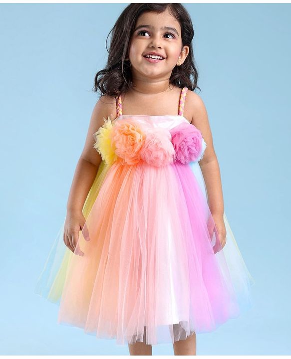 Babyhug Party Wear Sleeveless Dress With Floral Corsage -Multicolour
