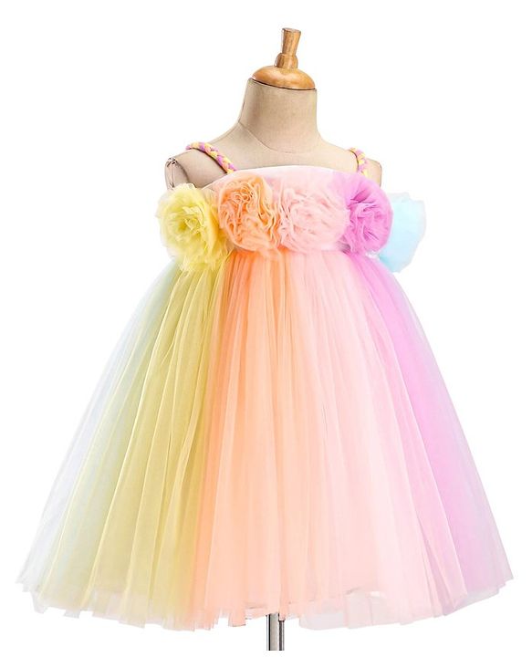 Babyhug Party Wear Sleeveless Dress With Floral Corsage -Multicolour