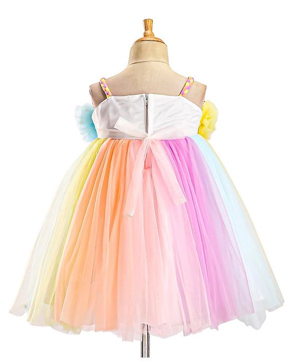 Babyhug Party Wear Sleeveless Dress With Floral Corsage -Multicolour
