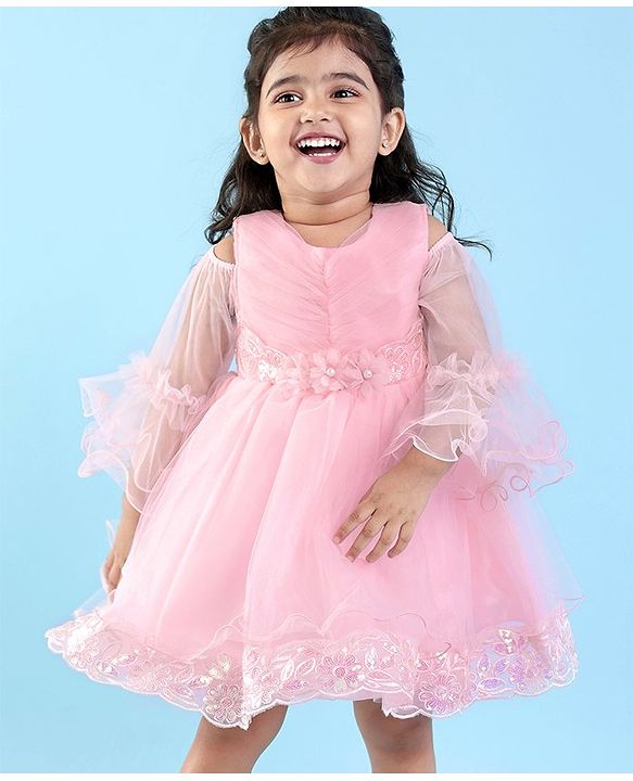 Babyhug Cold Shoulder Sleeve Fit and Flare Frilled Dress Floral Sequin & Corsage -Pink