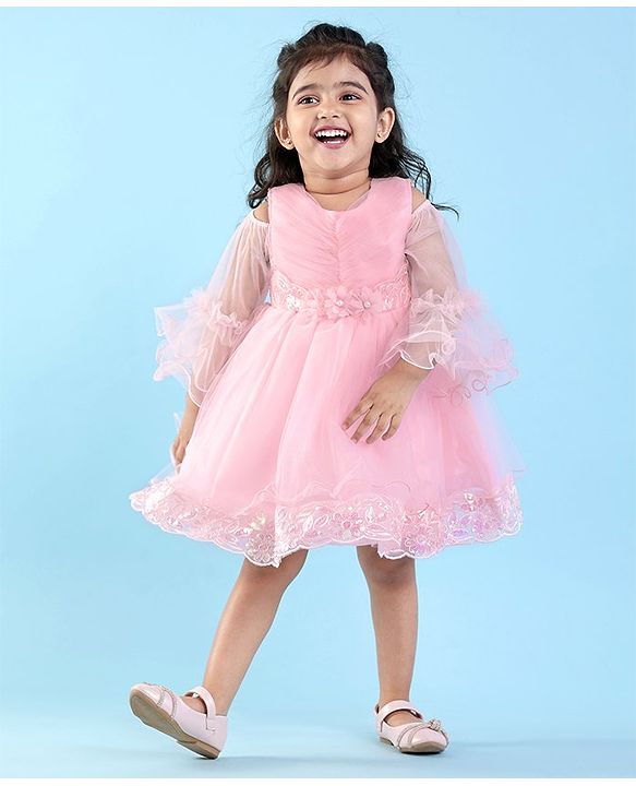 Babyhug Cold Shoulder Sleeve Fit and Flare Frilled Dress Floral Sequin & Corsage -Pink
