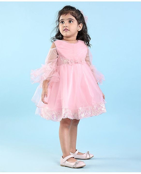 Babyhug Cold Shoulder Sleeve Fit and Flare Frilled Dress Floral Sequin & Corsage -Pink