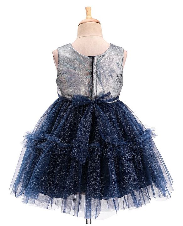 Babyhug Woven Sleeveless Party Wear Fit and Flare Dress with Shimmer Detailing - Navy Blue