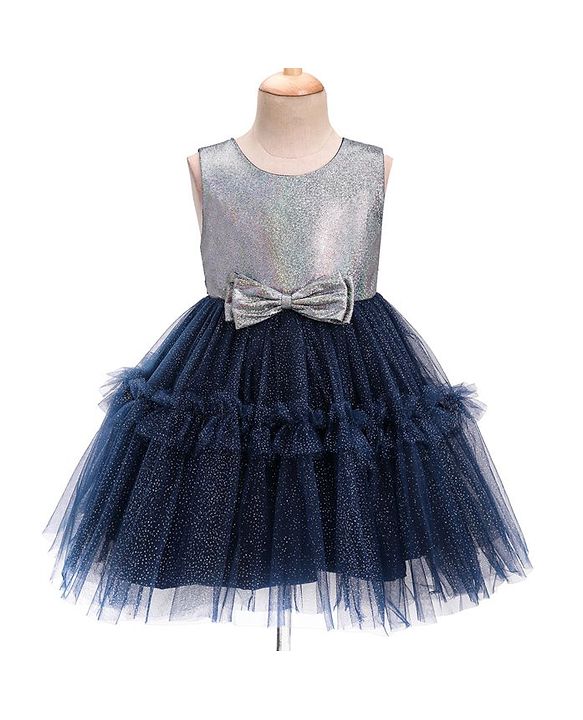 Babyhug Woven Sleeveless Party Wear Fit and Flare Dress with Shimmer Detailing - Navy Blue