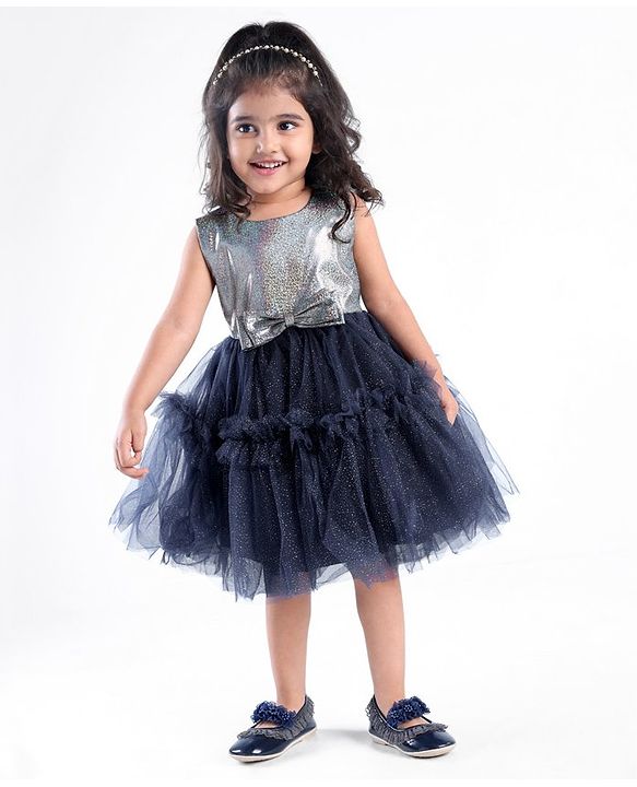Babyhug Woven Sleeveless Party Wear Fit and Flare Dress with Shimmer Detailing - Navy Blue
