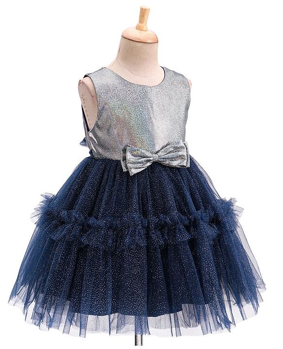 Babyhug Woven Sleeveless Party Wear Fit and Flare Dress with Shimmer Detailing - Navy Blue
