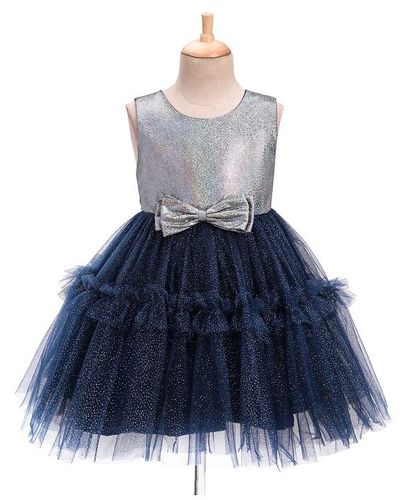 Babyhug Woven Sleeveless Party Wear Fit and Flare Dress with Shimmer Detailing - Navy Blue
