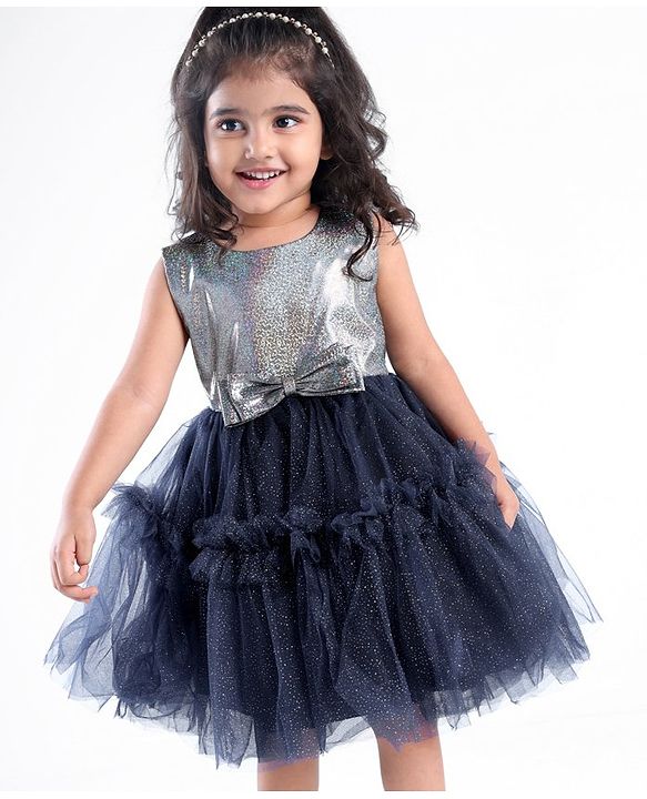 Babyhug Woven Sleeveless Party Wear Fit and Flare Dress with Shimmer Detailing - Navy Blue