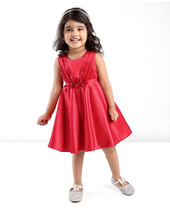 Babyhug Woven Sleeveless Party Frock With Pleats Detailing & Floral Applique - Red