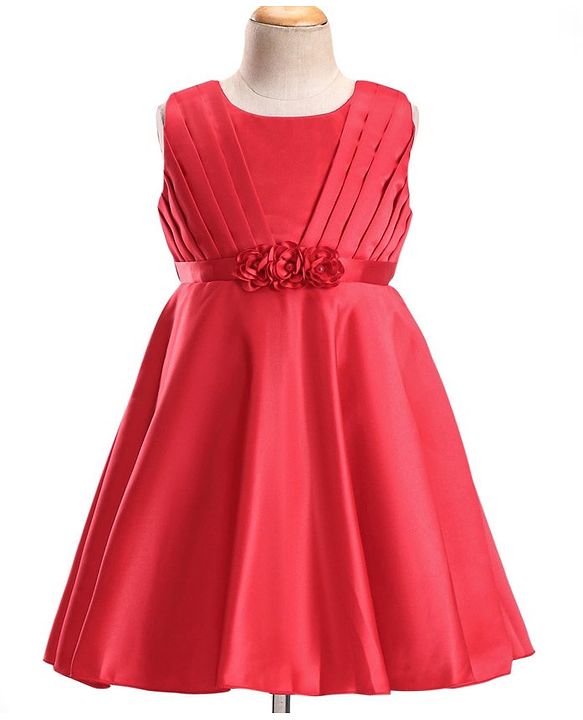 Babyhug Woven Sleeveless Party Frock With Pleats Detailing & Floral Applique - Red