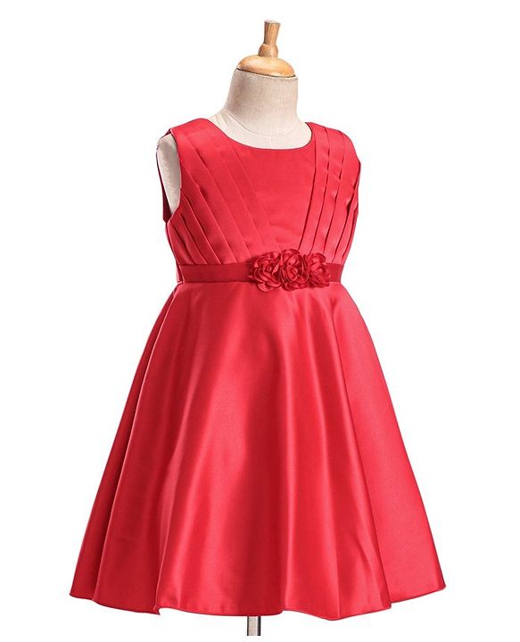 Babyhug Woven Sleeveless Party Frock With Pleats Detailing & Floral Applique - Red