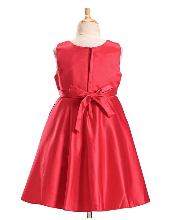 Babyhug Woven Sleeveless Party Frock With Pleats Detailing & Floral Applique - Red