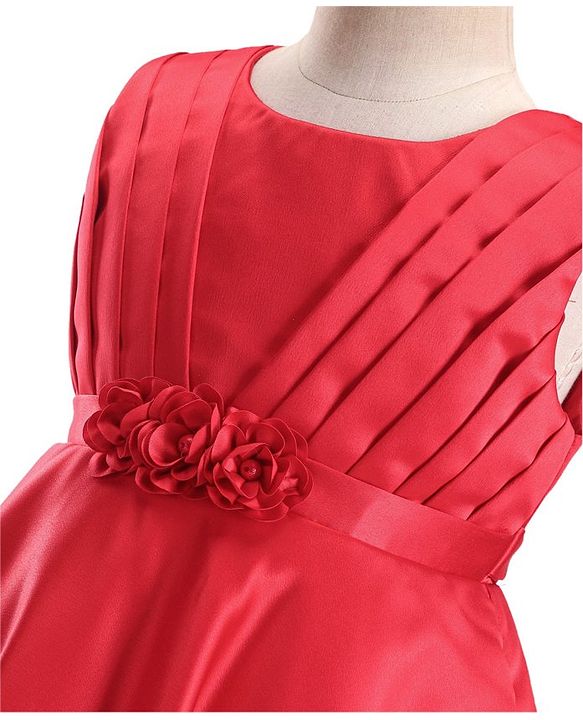 Babyhug Woven Sleeveless Party Frock With Pleats Detailing & Floral Applique - Red