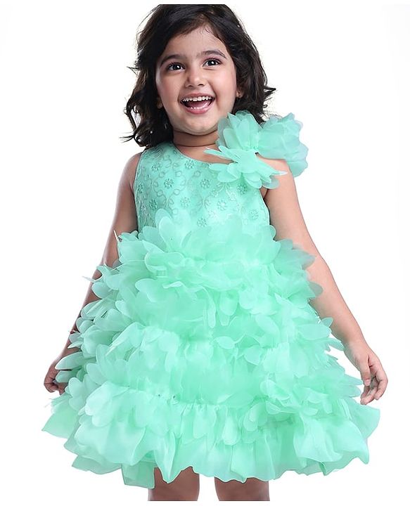 Babyhug Woven Sleeveless Party Wear Fit and Flare Sequinned Ruffled Dress - Mint Green