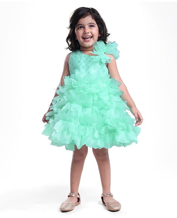 Babyhug Woven Sleeveless Party Wear Fit and Flare Sequinned Ruffled Dress - Mint Green
