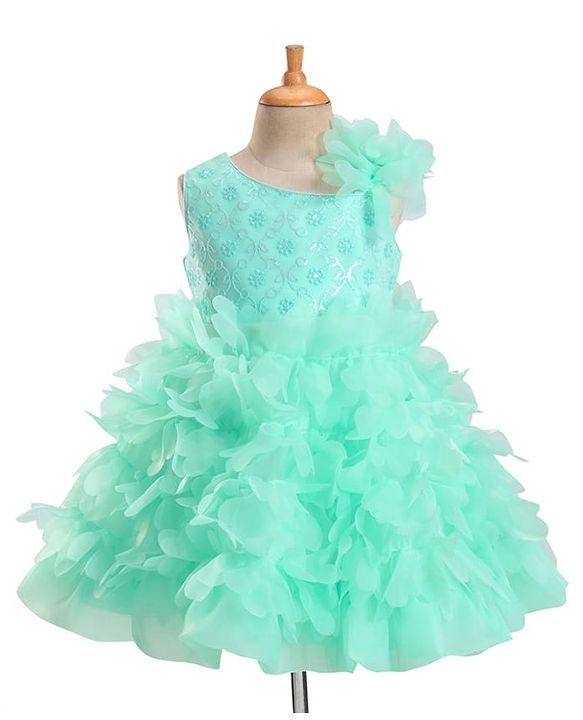 Babyhug Woven Sleeveless Party Wear Fit and Flare Sequinned Ruffled Dress - Mint Green