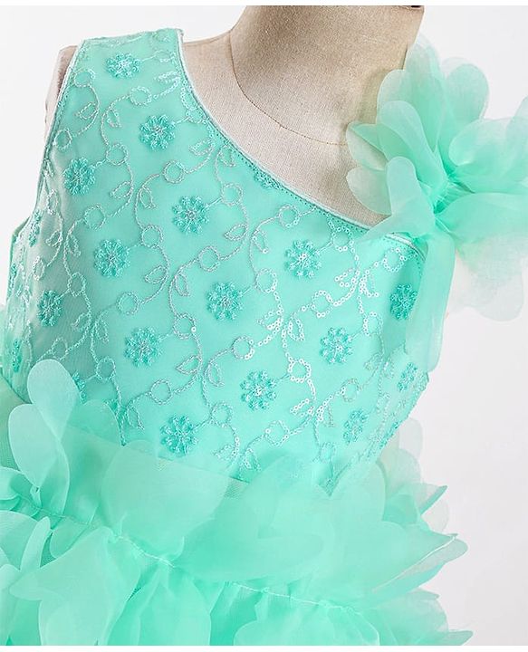 Babyhug Woven Sleeveless Party Wear Fit and Flare Sequinned Ruffled Dress - Mint Green