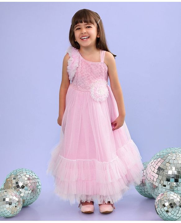 Babyhug Woven Sleeveless Fit and Flare Ruffled Party Dress with Sequin & Glitter Detailing-   -Light Pink