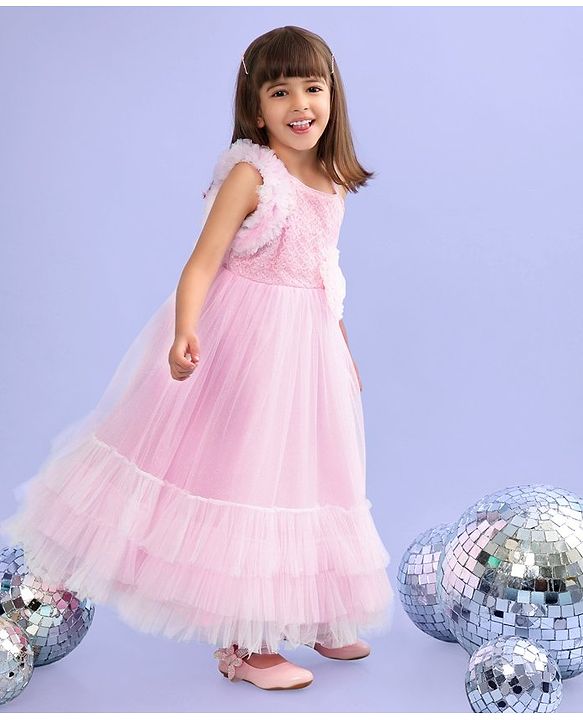 Babyhug Woven Sleeveless Fit and Flare Ruffled Party Dress with Sequin & Glitter Detailing-   -Light Pink