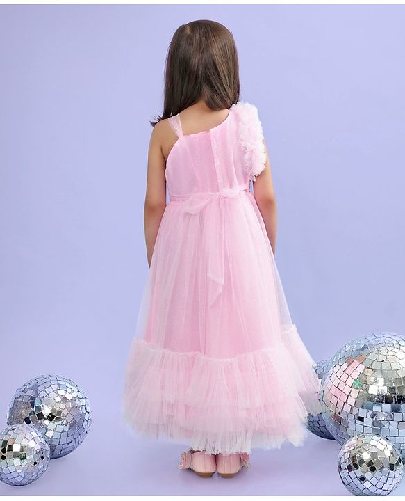 Babyhug Woven Sleeveless Fit and Flare Ruffled Party Dress with Sequin & Glitter Detailing-   -Light Pink