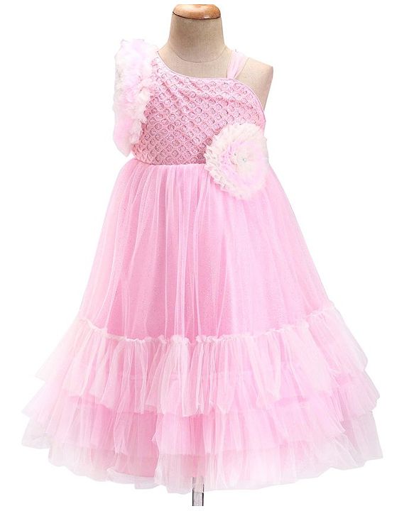 Babyhug Woven Sleeveless Fit and Flare Ruffled Party Dress with Sequin & Glitter Detailing-   -Light Pink