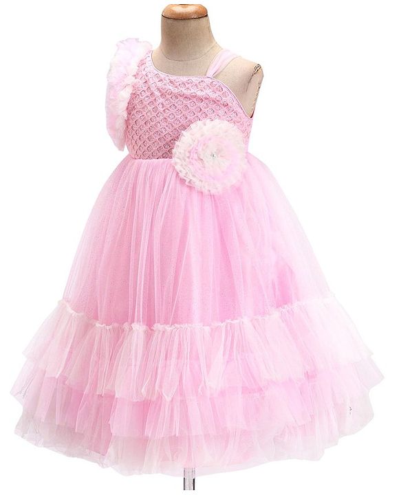 Babyhug Woven Sleeveless Fit and Flare Ruffled Party Dress with Sequin & Glitter Detailing-   -Light Pink