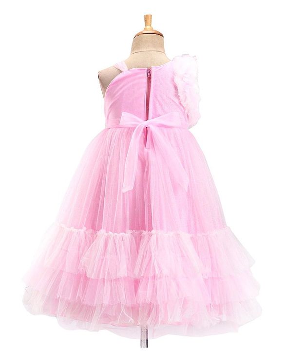 Babyhug Woven Sleeveless Fit and Flare Ruffled Party Dress with Sequin & Glitter Detailing-   -Light Pink
