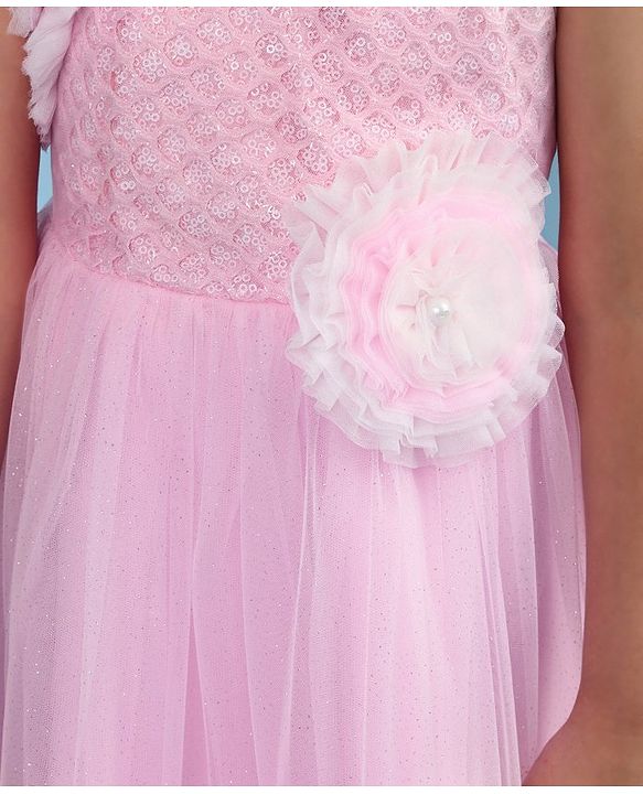 Babyhug Woven Sleeveless Fit and Flare Ruffled Party Dress with Sequin & Glitter Detailing-   -Light Pink