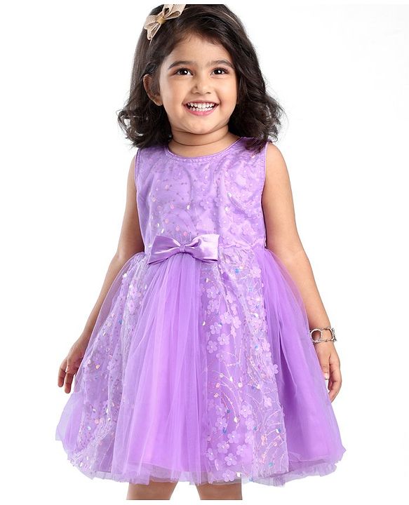 Babyhug Woven Sleeveless Party Wear Frock with Bow & Floral Applique - Lilac