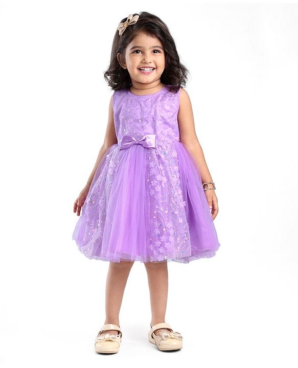 Babyhug Woven Sleeveless Party Wear Frock with Bow & Floral Applique - Lilac
