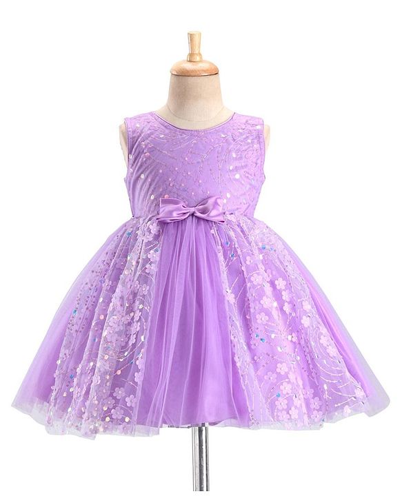 Babyhug Woven Sleeveless Party Wear Frock with Bow & Floral Applique - Lilac