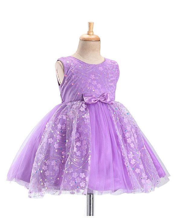 Babyhug Woven Sleeveless Party Wear Frock with Bow & Floral Applique - Lilac