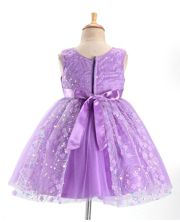 Babyhug Woven Sleeveless Party Wear Frock with Bow & Floral Applique - Lilac
