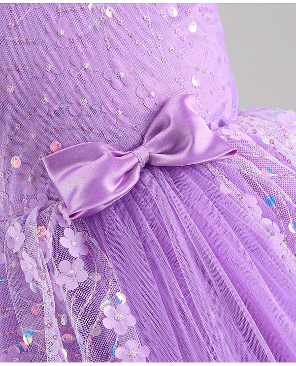 Babyhug Woven Sleeveless Party Wear Frock with Bow & Floral Applique - Lilac