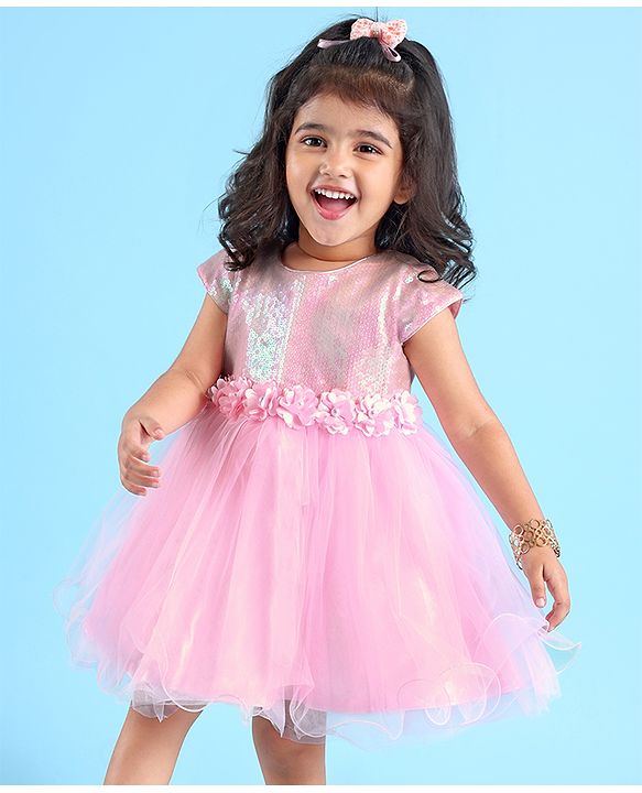 Babyhug Woven Cap Sleeves Party Dress With Sequin Detailing & Floral Corsage - Pink