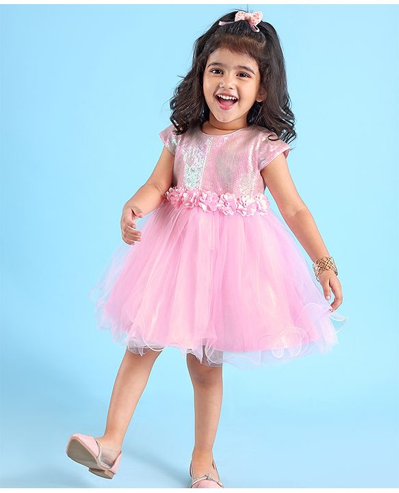 Babyhug Woven Cap Sleeves Party Dress With Sequin Detailing & Floral Corsage - Pink
