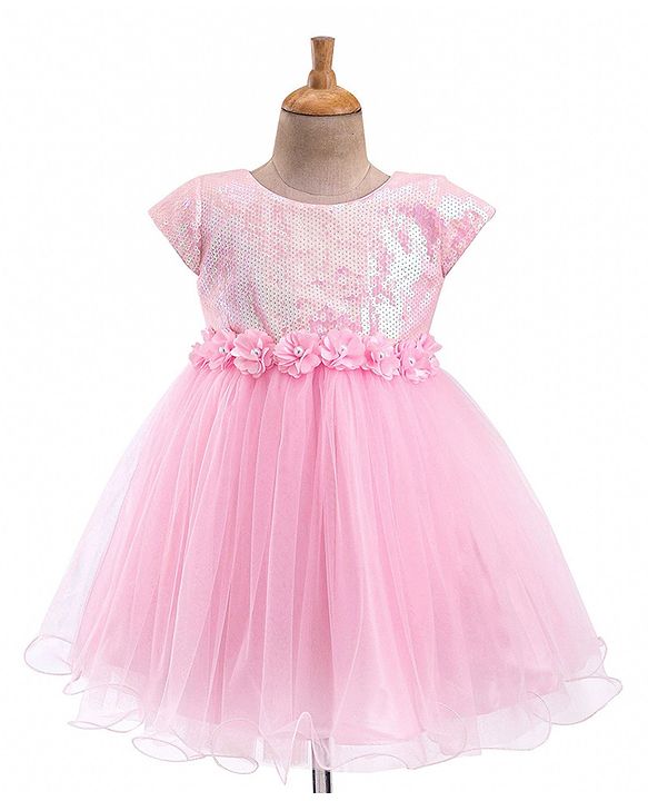 Babyhug Woven Cap Sleeves Party Dress With Sequin Detailing & Floral Corsage - Pink