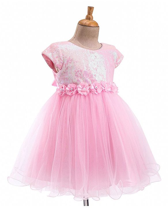 Babyhug Woven Cap Sleeves Party Dress With Sequin Detailing & Floral Corsage - Pink