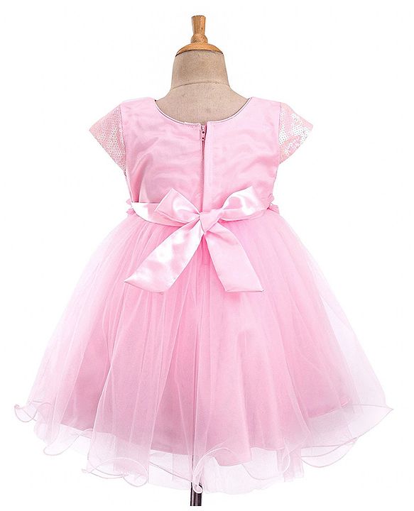 Babyhug Woven Cap Sleeves Party Dress With Sequin Detailing & Floral Corsage - Pink