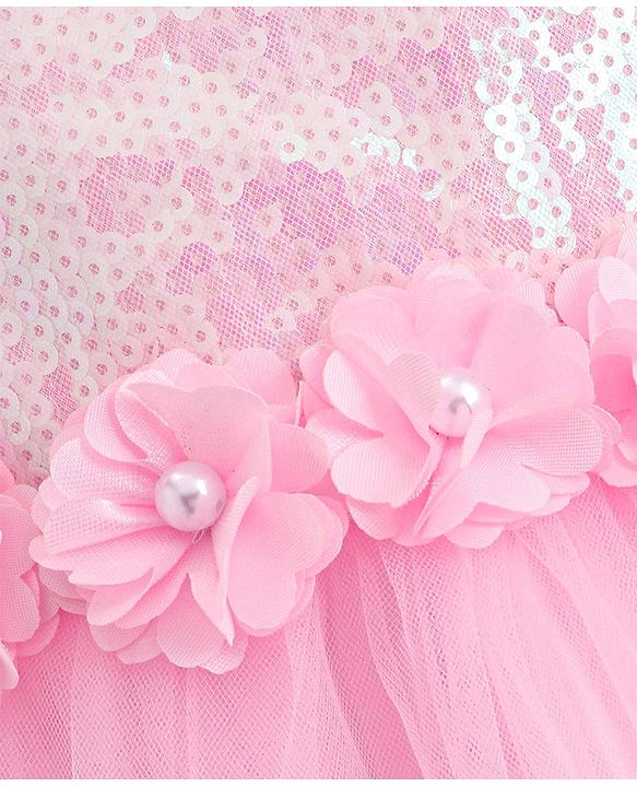 Babyhug Woven Cap Sleeves Party Dress With Sequin Detailing & Floral Corsage - Pink