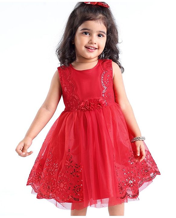 Babyhug Sleeveless  Embroidered Fit & Flare Party Dress with Floral Corsage - Red
