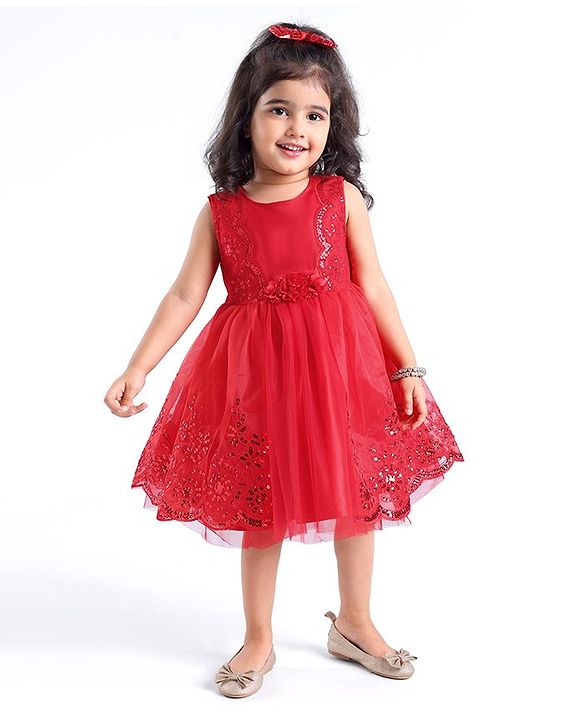 Babyhug Sleeveless  Embroidered Fit & Flare Party Dress with Floral Corsage - Red