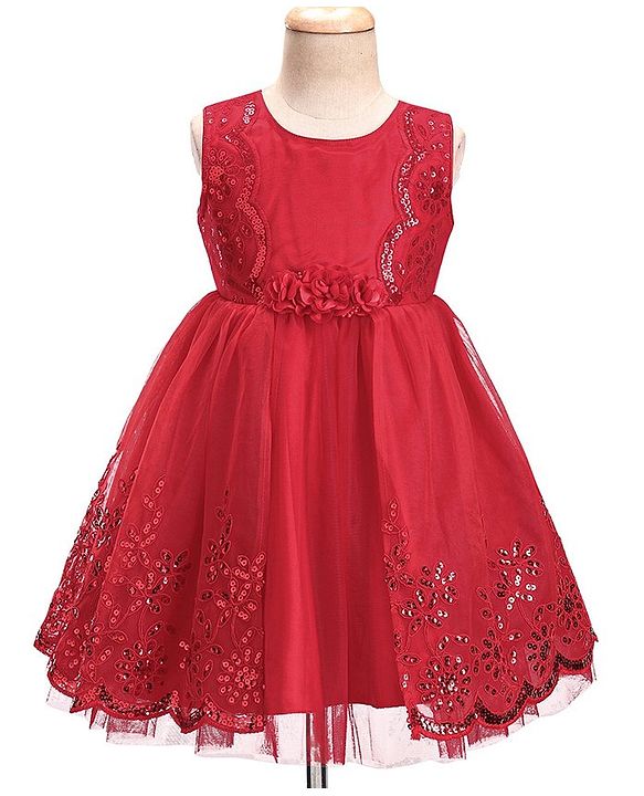 Babyhug Sleeveless  Embroidered Fit & Flare Party Dress with Floral Corsage - Red