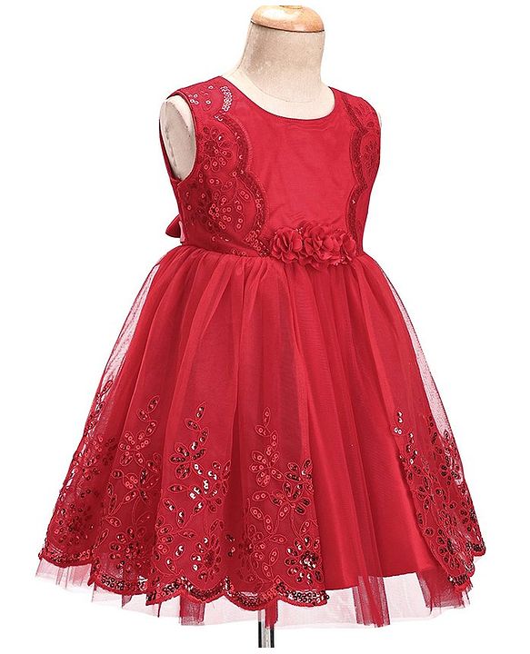 Babyhug Sleeveless  Embroidered Fit & Flare Party Dress with Floral Corsage - Red