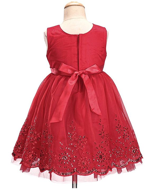 Babyhug Sleeveless  Embroidered Fit & Flare Party Dress with Floral Corsage - Red