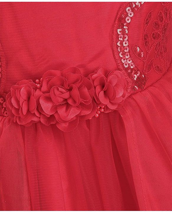 Babyhug Sleeveless  Embroidered Fit & Flare Party Dress with Floral Corsage - Red